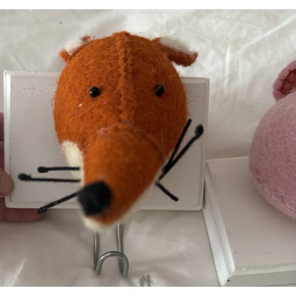 Set Felted Wool Animal Hooks Fox Rabbit Pig Baby Nursery Room Decor Land Of Nod? - Picture 2 of 6
